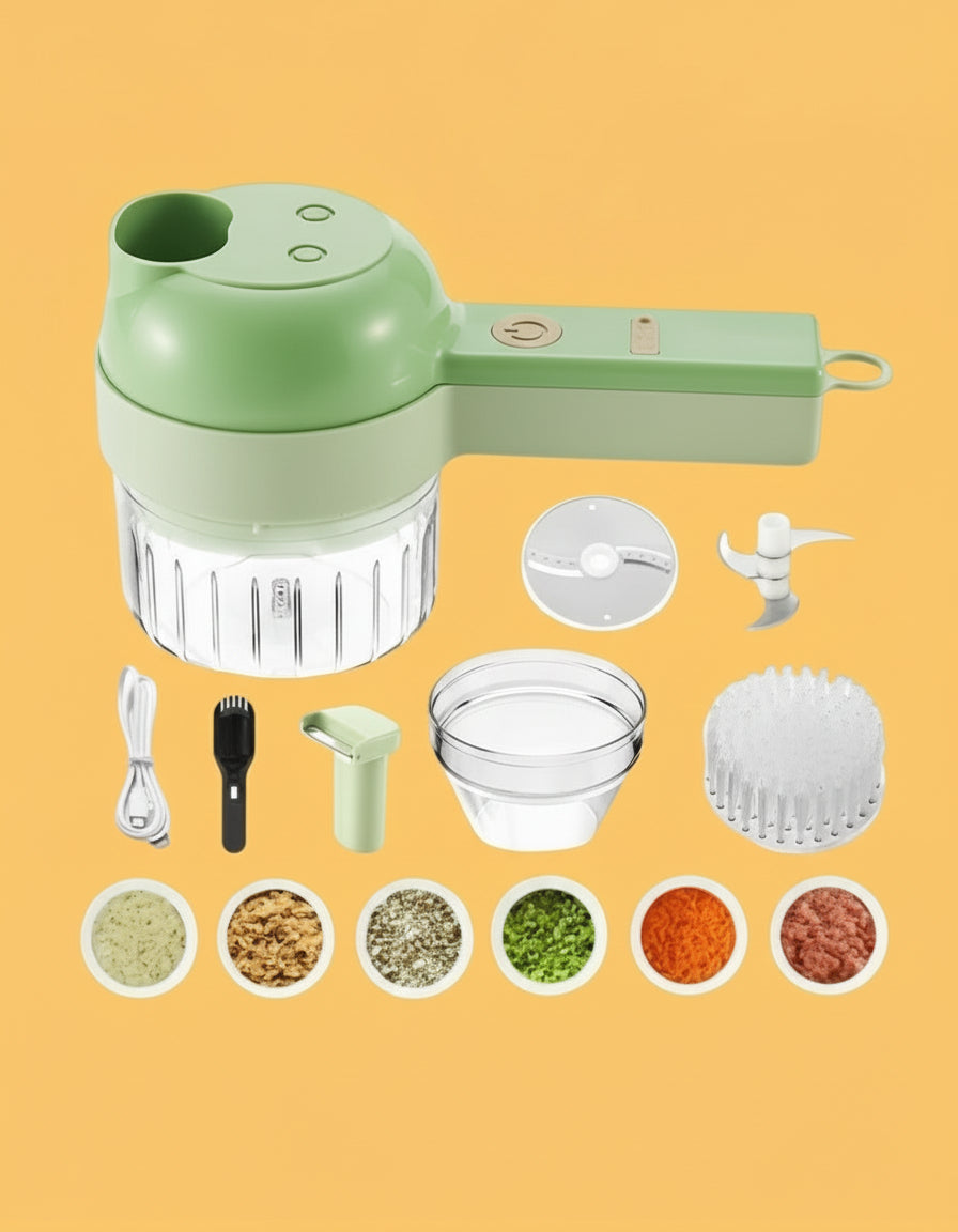 Green kitchen tool with attachments on a yellow background
